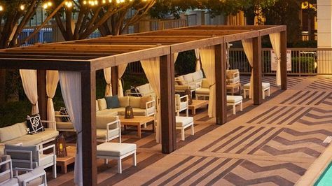 Rooftop Bar Design, Dallas Market Center, Outdoor Restaurant Patio, Rooftop Restaurant Design, Restaurant Exterior Design, Cavo Tagoo Mykonos, Pool Cabanas, Metal Building Designs, Dallas Market