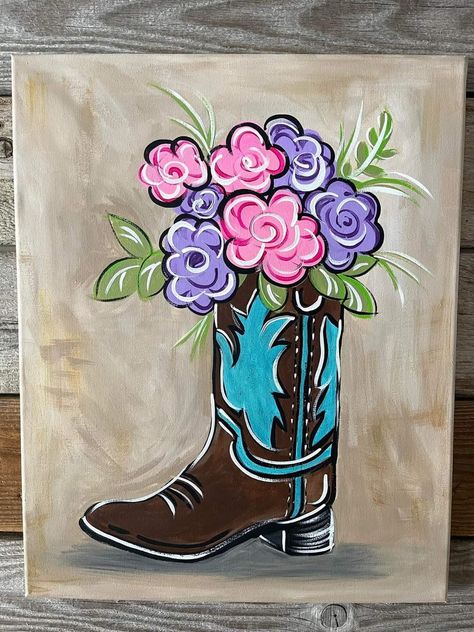 Cowboy Boot Painting On Canvas, Western Paintings Canvases, Western Painting Ideas On Canvas, Western Painting Ideas Easy, Western Painting Canvas, Western Painting Ideas, Western Paintings, Country Paintings, Canvas Painting Designs