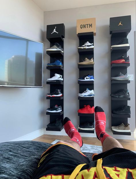 Shoe Head Room, Trainer Display Bedroom, Jordan Shelf, Living Room Ideas Couch, Room Ideas Couch, Rappers Jewelry, Private Jet Luxury, Trap Phone, Sneakerhead Bedroom