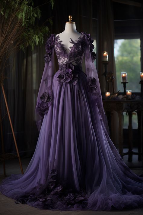 Lavender flower inspired gown Purple Fantasy Dress, Purple Ballgown, Villain Dresses, Flower Gown, Epic Clothing, Purple Wedding Dress, Purple Gowns, Fancy Gowns, Fantasy Dresses