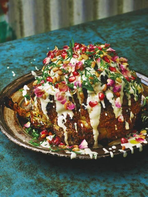 Cauliflower Shawarma with Pomegranate, Pinenuts and Rose | Guest Recipes | Nigella's Recipes | Nigella Lawson Vegan Grill, Pizza Vegetarian, Vegetarian Christmas, Shawarma Recipe, Vegetarian Barbecue, Spiced Butter, Whole Roasted Cauliflower, Diet Vegetarian, Middle Eastern Recipes