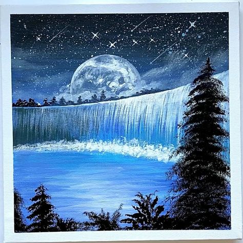 Bridge Painting Acrylic Simple, Waterfall Painting Landscape, Simple Waterfall Painting, Water Fall Painting Ideas, Mountain Waterfall Painting, Day Scenery Painting, Waterfall Painting Easy Step By Step, How To Paint A Waterfall, River Painting Easy