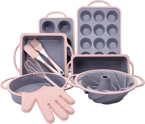 10 in1 Nonstick Silicone Baking Set, Cake Pan Cookie Sheet Molds Tray Set for Oven, BPA Free Heat Resistant Bakeware Suppliers Tools Kit for Baking Baking Set Aesthetic, Aesthetic Baking Supplies, Pink Baking Tools, Pink Penthouse, Bread Loaf Pan, Baking Pans Set, Kitchen Decor Collections, Pan Cookies, Baking Gadgets