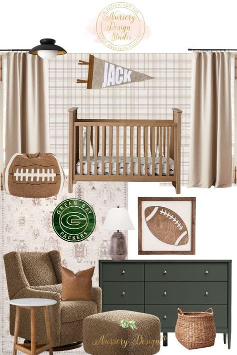 Ahead, 9 dreamy football-themed nurseries that'll score major design goals. Brown Nursery Ideas, Football Theme Nursery, Wallpaper Plaid, Vintage Sports Nursery, Vintage Nursery Boy, Football Nursery, Nursery Design Board, Sports Nursery Theme, Brown Nursery