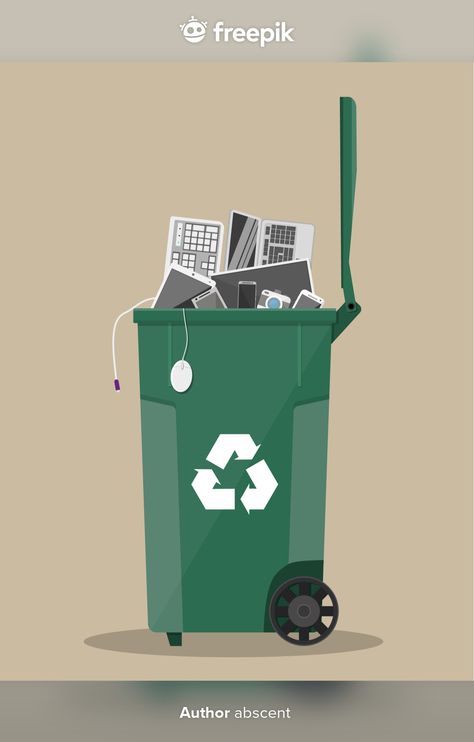 E-waste recycle bin with old electronic equipment Premium Vector E Waste Recycling, Landfill Waste, Electronic Waste, Bond Paper Design, E Waste, Ocean Pollution, Recycle Bin, Vector Technology, Construction Logo