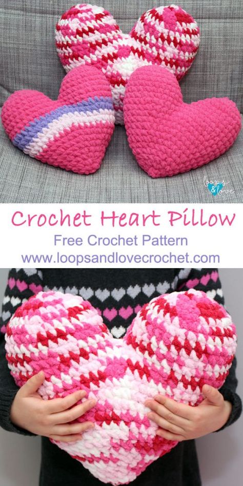 Crochet Heart Pillow Loops & Love Crochet One Skein Amigurumi, Large Crochet Heart Pattern Free, Crochet Heart Pillow Free Pattern, Valentines Crochet Patterns Free, Valentines Crochet Ideas, Heart Pillow Crochet Pattern, Crochet Heart Pillow, Free Heart Crochet Pattern, Heart Crochet Pattern