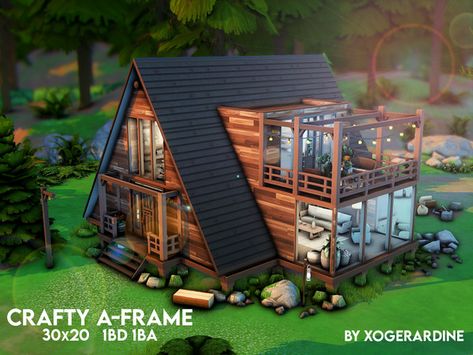 The Sims Resource - Crafty A-Frame Sims 4 Houses Ideas Layout Cottage, Sims 4 Tiny House Floor Plans With Loft, Sims Container House, Lilsimsie Builds, Minecraft A Frame House, Sims House Inspiration, Sims 4 Lots, Norwegian House, Rumah Minecraft Sederhana