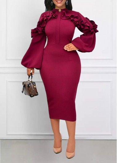 Frill Stand Collar Wine Red Bodycon Dress Burgundy Dress Outfit, Wine Dress, Red Bodycon, Stylish Work Attire, Red Bodycon Dress, Fashion Dresses Online, Bodycon Dress With Sleeves, Classy Casual Outfits, Game Dresses