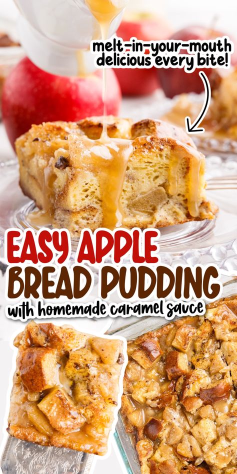 This easy apple bread pudding recipe only takes a few minutes to make and is filled with apple and caramel flavors. Each bite is warm, chewy, and melt in your mouth delicious. Apple Bread Pudding Easy, Healthy Bread Pudding, Dessert Casserole, Apple Bread Pudding Recipe, Cinnamon Bread Pudding, Apple Bread Pudding, Apple Pie Bread, Bread Pudding Easy, Caramel Apples Homemade