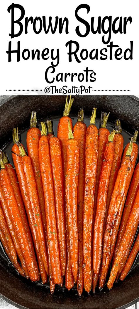 This Brown sugar Honey Glazed Carrots recipe comes together in less than 10 minutes with the oven doing most of the heavy lifting after that. These roasted carrots pair beautifully with almost any main dish making it a perfect vegetable side dish for a weeknight dinner or the holiday table. Honey Glazed Carrots Oven, Brown Sugar Honey Glazed Carrots, Roasted Whole Carrots, Roasted Glazed Carrots, Brown Sugar Roasted Carrots, Brown Sugar Honey Glaze, Honey Glazed Carrots Recipe, Honey Glazed Roasted Carrots, Carrots In Oven