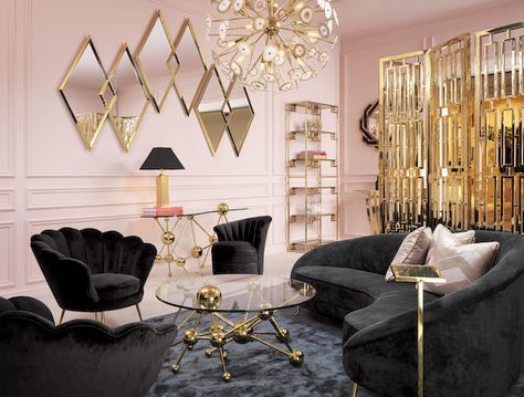 How to: Master the Hollywood Regency aesthetic - The Interiors Addict Hollywood Regency Living Room, Regency Living Room, Art Deco Living, Deco Living Room, Hollywood Regency Decor, Art Deco Living Room, Summer Deco, Art Deco Interior Design, Glam Living Room