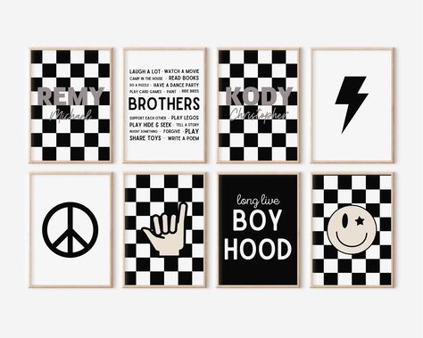 Boys Black And White Room, Black And White Checkered Nursery, Boys Checkered Bedroom, Checkered Nursery Baby Boy, Black And White Nursery Boy, Retro Boys Room, Checkered Nursery, Smiley Poster, Boy Kids Room