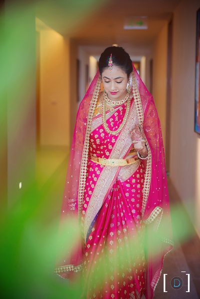 South Indian Brides - Fuchsia Pink Saree with Net Dupatta and Gold Belt | WedMeGood  #wedmegood #indianbride #indianwedding #pink #fuchsia #kanjeevaram #southindianbride #saree Dupatta On Head, South Indian Blouse Designs, South Indian Bridal Jewellery, Lehenga Jewellery, South Indian Weddings, Telugu Brides, Bridal Outfit, Blouse Designs Indian, Indian Wedding Wear