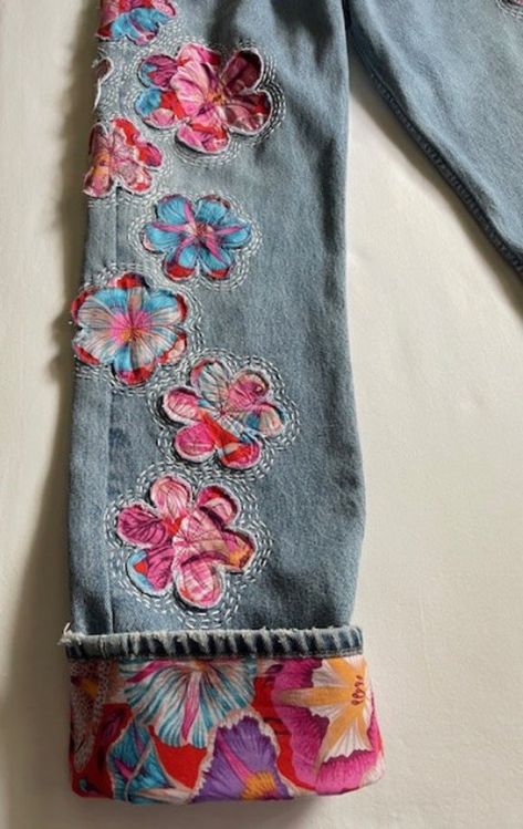 Upcycled Unisex Levi 501 32W 32L Denim Unique One Original Art Jeans Hippie Music Festival Bohemian 1970 Vibe Patched Flower Hand Embroidery - Etsy Diy Jean Bottoms, Patch Work Pants Outfits, Shashiko Embroidery Denim, Creative Jeans Ideas Diy Fashion, Painting Denim Jeans, Upcycled Kids Clothes, Denim Embroidery Ideas, Patchwork On Jeans, Jean Embroidery Ideas