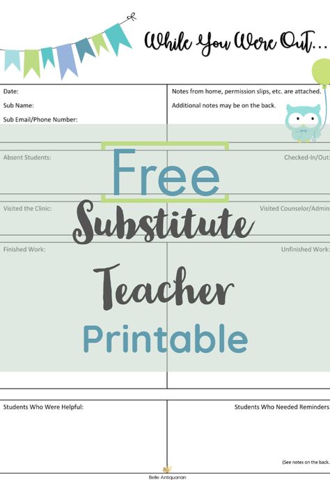 Free Substitute Teacher Printable – Belle Antiquarian Sub Report Form Substitute Teacher, Substitute Teacher Note For Teacher, Substitute Teacher Printables Free, Substitute Teacher Report Form, Substitute Teacher Forms Free Printable, Substitute Teacher Report Form Free, Substitute Teacher Notes Template, Substitute Teacher Forms, Substitute Teacher Ideas