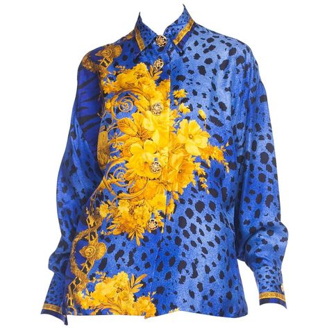 Versace Silk Shirt Outfit Women, Luxury Vintage Silk Shirt, Versace Blouse, Versace Baroque, Blue Silk Button-up Top, Silk Shirt Men, Versace Silk Shirt, Versace Print, Versace Blue