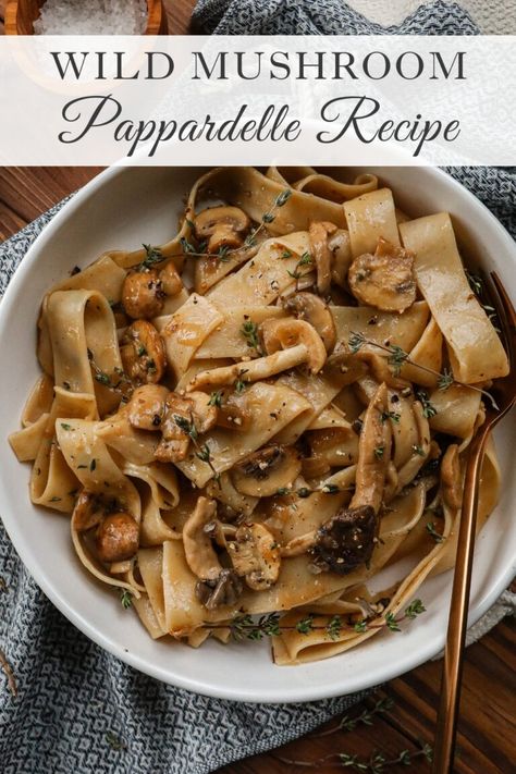 Caramelized Wild Mushroom Pappardelle pasta recipe Caramelized Wild Mushroom Pappardelle Pasta, Pork Mushroom Pasta, Papperdelle Recipes, Wild Mushroom Pasta, White Bolognese, Mushroom Pappardelle, Pappardelle Pasta Recipe, Pappardelle Recipe, Mushroom Recipes Pasta