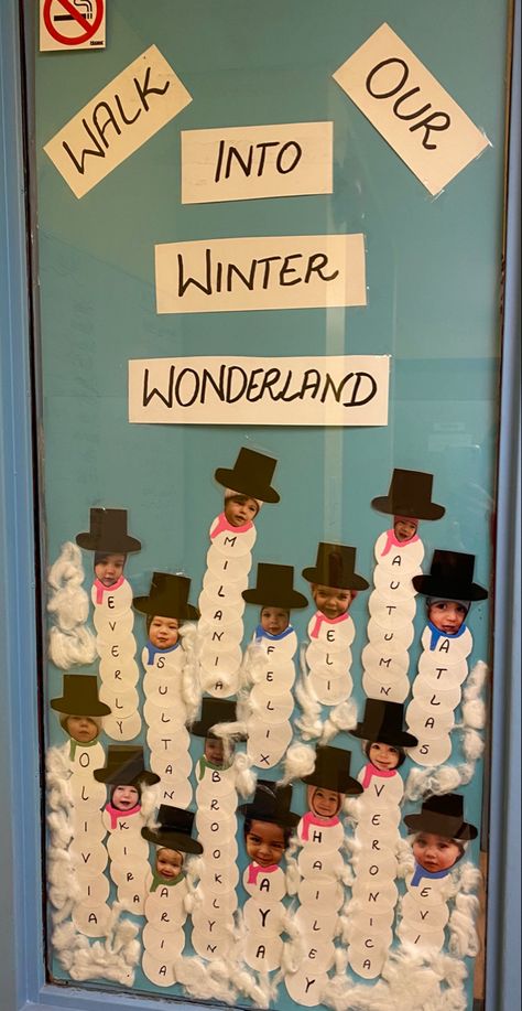 Snowman Themed Classroom Door, January Decorations Classroom, Walking In A Winter Wonderland Door, Classroom Winter Wonderland Decorations, Winter Bulletin Boards For Preschoolers Preschool, Winter Wonderland Preschool Decorations, Classroom Decor Winter, Winter Wonderland Classroom Door Ideas, Winter Wonderland Theme Classroom