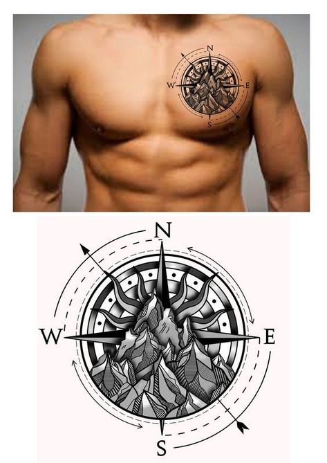 #Tattoos,Rocky Compass Tattoo A Compass Tattoo, Compass Mountain, Chest Tattoo Design, 27 Tattoo, Compass Tattoo Men, Compass Tattoos, Compass Rose Tattoo, Tato Dada, Pola Tato