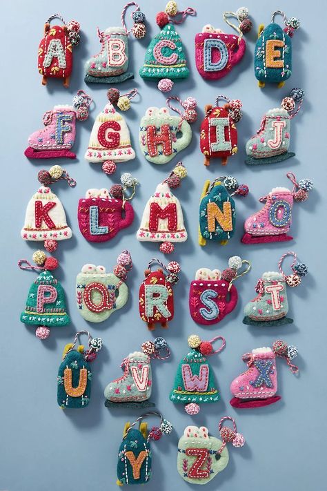 Anthropologie Christmas decor Anthropologie Christmas Decor, Anthropologie Ornaments, Felt Advent Calendar, Christmas Fair Ideas, Anthropologie Christmas, Letter Ornaments, Felt Crafts Christmas, Felt Gifts, Felt Christmas Decorations