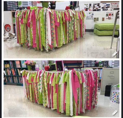 My teacher desk this year!  Pink and green classroom  Rag garland  Teacher desk rag garland Pink And Green Classroom, Pink Classroom Decor, Flamingo Classroom, Pink Classroom, Green Classroom, Teaching Classroom Decor, Diy Classroom Decorations, Boards Ideas, Rag Garland