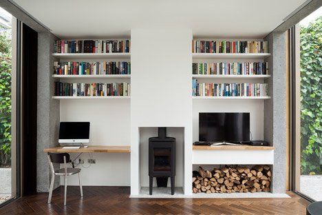 Ormond Road by GKMP Architects Desk Near Fireplace, Desk In Chimney Alcove, Small Wood Burner Fireplace Ideas, Desk By Fireplace, Woodburner Shelves, Alcove Corner Desk, Fireplace With Desk, Alcove Shelving Ideas, Desk Next To Fireplace