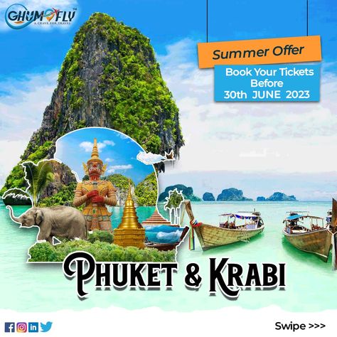 "Discover Thailand's hidden gems of Phuket & Krabi enchantment with Ghumofly Holidays. 🛣️🌍✈️🛬🚝🚞 📞Contact Us To Book Your Package- +919960410740 /+919356626606/ +918329517567 🌐 www.explore.ghumofly.com #toursagency #tourcompany #domestictour #internationaltour #touralloverworld #phuket #krabi #thailand #phuketandkrabi #krabiinthailand #ghumofly #tourwithghumofly #travel #travelling #exploring #explorewithghumofly. Beach Walking, Krabi Thailand, Phi Phi Island, Koh Samui, Island Hopping, Krabi, Pattaya, Crystal Clear Water, Thailand Travel