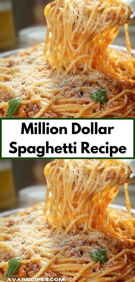 Searching for a satisfying casserole? The Million Dollar Spaghetti Recipe offers a rich, comforting flavor that's perfect for gatherings. With simple ingredients and easy preparation, it's an ideal choice for family dinners. Million Dollar Baked Spaghetti, Million Dollar Spaghetti Recipe, Spaghetti Pasta Recipe, Million Dollar Spaghetti Casserole, Easy Baked Spaghetti Recipe, Creamy Cheesy Pasta, Easy Baked Spaghetti, Cheesy Pasta Bake, Spaghetti Recipes Easy