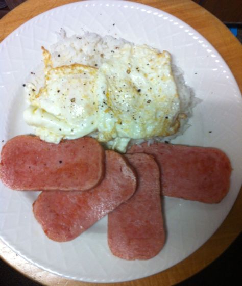 Spam, Eggs & Rice. Yum! Breakfast, Lunch or Dinner. Spam Rice, Rice With Egg, Yum Breakfast, Breakfast Lunch, Egg, Rice, Coffee, Quick Saves