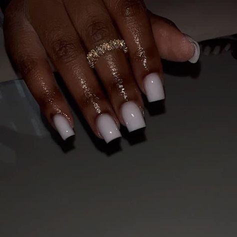 Short White Powder Nails, Natural Overlay Nails Design, Soft White Square Nails, Short Soft White Nails, Short Milky White Nails With Rhinestones, Short Off White Nails, Polygel Overlay Nails, Short Cute Nails Acrylic Square, White Overlay Nails