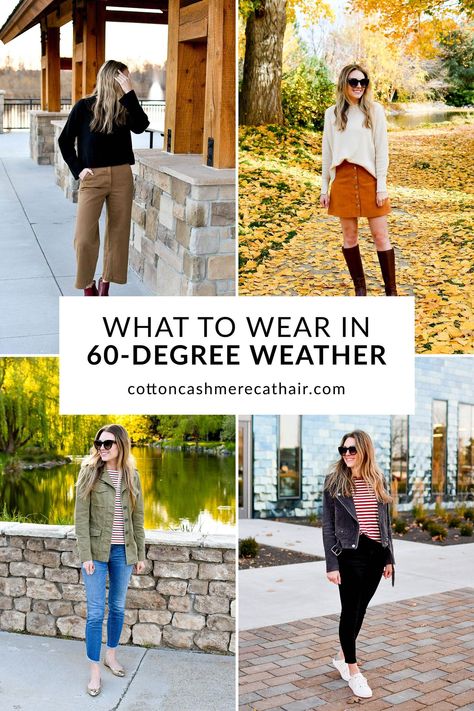 As a lifelong Idahoan, I'm used to dressing for 60-degree weather! 60s happens a lot in the spring and fall. Check out this post to learn what to wear in 60-degree weather plus find 12 outfit ideas to wear when it's 55-65°F outside. Fall Outfits 65 Degrees, 62 Degree Weather Outfit Fall, What To Wear In 62 Degree Weather, What To Wear In 55 Degree Weather, Outfit 60 Degree Weather, 60 Degree Weather Outfit Europe, 57 Degree Weather Outfit Fall, 17 Degrees Celsius Outfit, 60s Degree Weather Outfit