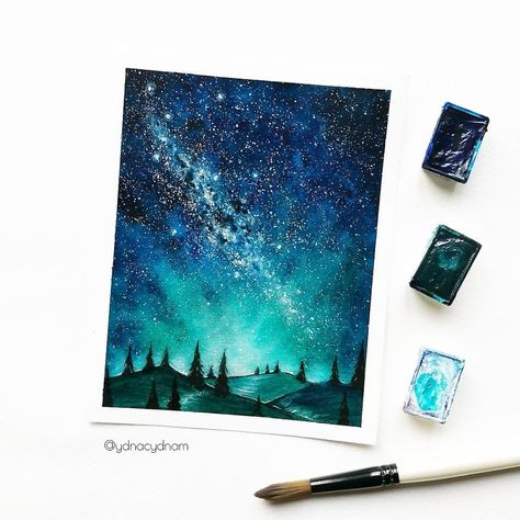 I Create Landscapes Using Watercolor Watercolor Milky Way, Waterpaint Ideas, Northern Lights Watercolor, Love Galaxy, Paintings Of Landscapes, Galaxy Watercolor, Watercolor Galaxy, Watercolor Paintings Easy, Galaxy Painting