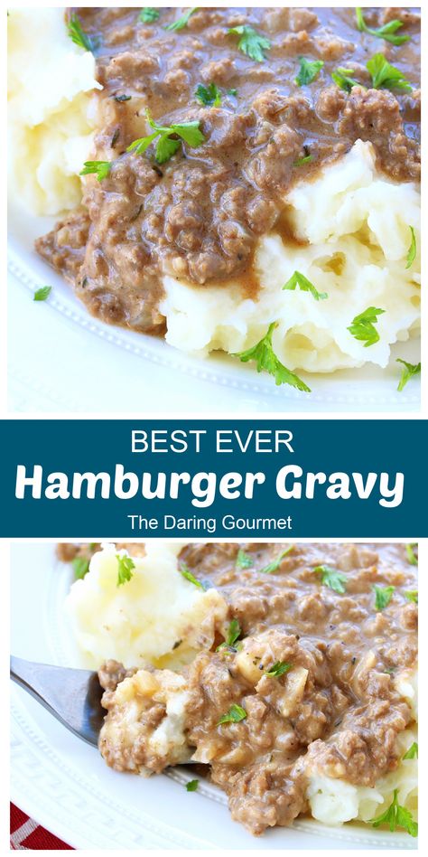 For a quick and easy weeknight dinner solution, it's hard to beat this delicious, old-fashioned Hamburger Gravy!  This American classic is the perfect comfort food to whip up after a long day - it's ready to serve in 25 minutes! Yummy Hamburger Meat Recipes, Ground Beef Gravy Recipe, Hamburger Gravy Recipe Mushroom Soup, Hamburger Gravy Recipe Easy, Best Hamburger Gravy Recipe, Hamburger Gravy Over Rice, Hamburger Gravy Recipe, Hamburger Casseroles, Hamburger Gravy