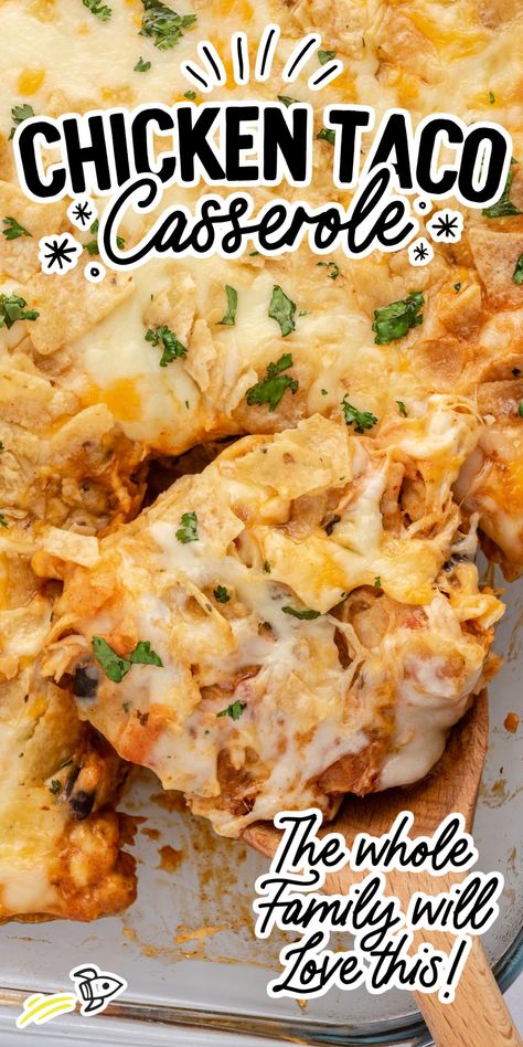 Chicken Taco Casserole With Tortillas, Chicken Tortilla Chip Casserole Recipes, Quick And Easy Dinner Recipes With Shredded Chicken, Meals With Tortilla Chips, Shredded Taco Chicken Recipes, Easy Chicken Tortilla Casserole, Cornbread Chicken Taco Bake, Leftover Tortilla Chips Recipes, Chicken Tacos Casserole