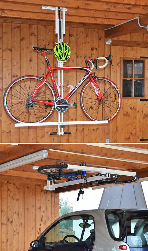 Flat-Bike-Lift Parking your bike on the ceiling saves space. The flat-bike-lift is a new ceiling hydro-pneumatic bike rack made exclusively for this purpose. Load your bike onto the rack, give a little push to activate the lift, & up it goes to store horizontally overhead. Bike Hanging Ideas Garage, Bike Storage Cabinet, Rack Velo, Pully System, Indoor Bike Storage, Bike Rack Garage, Casa Garage, Bike Storage Garage, Bike Storage Solutions