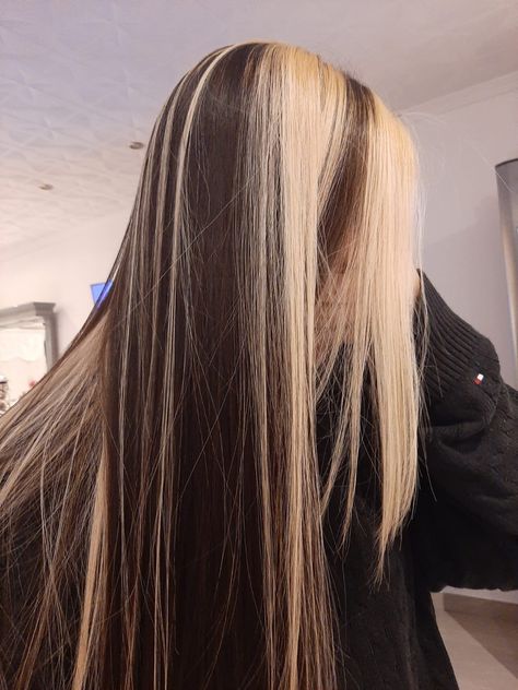 Brown Hair With Bleached Highlights, Chunky Highlights Straight Hair, Brown And Blonde Striped Hair, Bleached Underneath Hair, Blonde Highlights Hairstyles, Blonde And Brunette Hair, Skunk Hair, Hair Color Underneath, Hair Inspiration Long