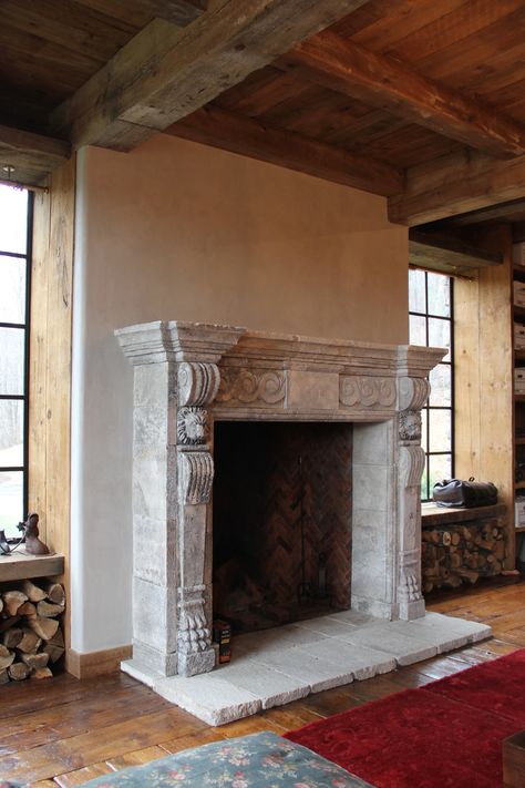 Giant Fireplace, Buck Moon, Farmhouse Makeover, Living Room Fireplace, Stone Fireplaces, Vintage Fireplace, Room Fireplace, Concrete Fireplace, Modern Barn House