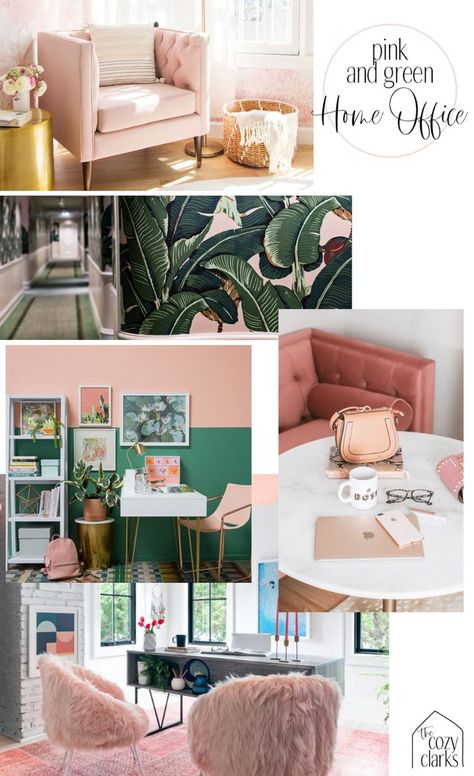 I've been thinking a lot about how I want my home office to feel...fresh and inspiring, and feminine and fun! Click to see my mood board, design inspiration, and plans for this space. Gold And Green Office Decor, Pink And Mint Green Office, Pink Green Silver Bedroom, Pink And Green Salon Ideas, Pink Green And Gold Office, Pink And Green Craft Room, Green Pink Office, Green And Pink Office Decor, Pink Office Inspiration