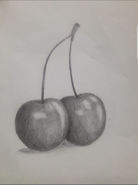 Pencil drawing Still Life Drawing Easy Pencil, Pencil Shading Still Life For Beginners, Fruits Pencil Shading, Fruit Shadow Drawing, Cherry Sketch Pencil, Easy Drawing With Shading, Fruits Sketches Pencil, Realistic Pencil Drawings Easy, Shadow Pencil Drawing