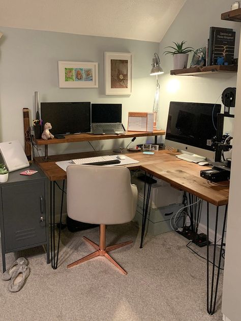 Corner Desk Industrial Style L Shape Desk Riser Shelf - Etsy UK Wood Desk Ideas Bedroom, Corner Desk With Monitor Shelf, Black And Wood Desk, Snug Office, Desk Industrial Style, Dark Wood Desk, Desk Industrial, Industrial Style Desk, Shelf For Storage