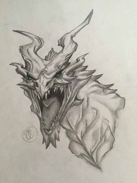 Alduin from Skyrim!!! ( By: @oliviacoulson ) done in pencil but a teal Prismacolor for the eyes. Skyrim Dragon Drawing, Alduin Skyrim Tattoo, Skyrim Anime, Eye Coloring Pages, Alduin Skyrim, Skyrim Drawing, Skyrim Tattoo, Draw A Dragon, Dragon Project