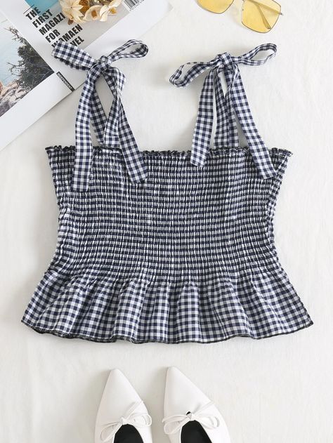 Knot Shoulder Shirred Gingham Cami Top | SHEIN USA Shirred Crop Top, Pleated Crop Top, Gingham Tops, Cute Blouses, Summer Crop Tops, Shein Style, Women Tops, Cami Top, Fancy Dresses