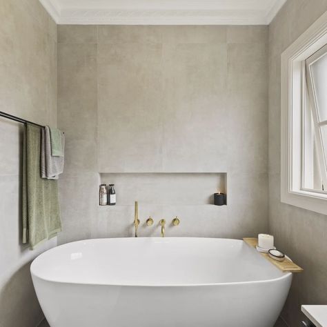 The 1800 Kado Lux free-standing bath fits perfectly within the walls of this West Pennant Hills Master Ensuite. The oversized niche allows… | Instagram Feature Wall Behind Bathtub, Bath With Niche, Wall Behind Bathtub, Free Standing Tub Shower Combo, Tub Niche, Bath Niche, Floating Tub, Bathroom 2024, Main Bathroom Ideas