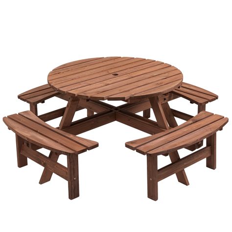 PRICES MAY VARY. Sturdy and Durable - Made of 100% fir, this outdoor wooden picnic table is durable and crack resistant for long-lasting use. Comfortable and Spacious - A large 43.3-inch round table provides a spacious dining area; 4 curved benches can easily and comfortably seat 8 people. Practical and Safe - The wooden picnic table is designed with smooth rounded edges to prevent accidental bumps. The built-in 1.97-inch diameter umbrella hole fits most parasols. Strong Load-bearing Capacity - Round Picnic Table, Picnic Table With Umbrella, Picnic Table Bench, Wooden Picnic Tables, Patio Picnic, Table And Bench Set, Bench Set, Outdoor Picnic Tables, Wood Patio