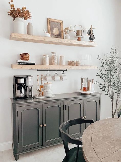 Coffee Bar Ideas: How to Create the Perfect Coffee Bar Station - Diana Colibri Coffee Area In Dining Room, Coffee Buffet, Kitchen Counter Coffee Bar, Counter Coffee Bar, Coffee Bar Styling, Dresser Hutch, Coffee Bar Ideas Kitchen Counter, Kitchen Coffee Bar, Coffee Station Kitchen