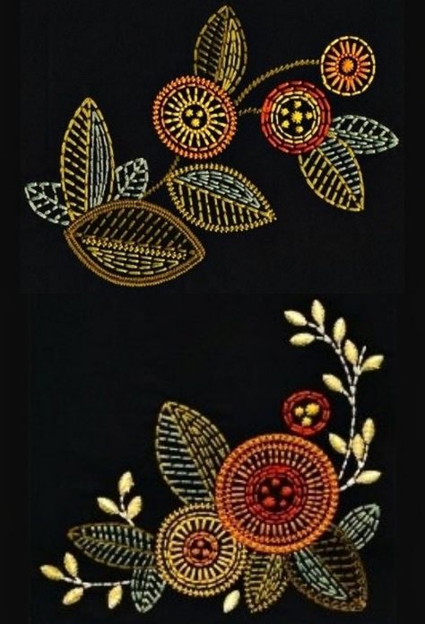 Embroidery On Black Fabric, Hand Embroidery Patterns Free, Textile Art Embroidery, Hand Beaded Embroidery, Pretty Embroidery, Embroidered Quilts, Embroidery Works, Hand Embroidery Projects, Pola Sulam