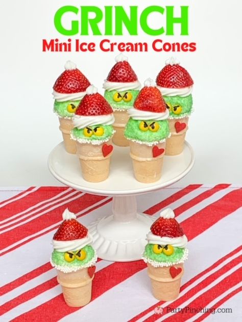 grinch food, grinch treats, grinch party ideas, grinch snacks, grinch movie dessert, grinch mini ice cream cones, cute grinch food, the grinch who stole christmas movie, christmas family movie night snacks, green grinch food, easy grinch food ideas, best easy grinch food dessert treat snack recipe ideas for kids movie night Green Christmas Food Ideas, Grinch Christmas Food Snacks, Holiday Themed Treats, Easy Christmas Food Ideas Snacks, Grinch Ice Cream Cone Cupcakes, Grinch Afternoon Tea, The Grinch Recipes, Whoville Desserts, Grinch Desserts For Kids