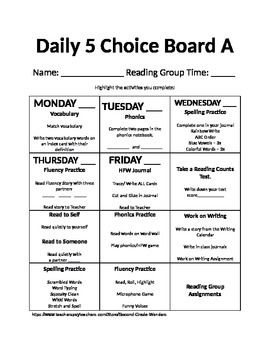 This is a set of four choice boards designed for students to use during daily 5 while I pull small groups. *** This is a WORD DOCUMENT *** It can be edited ***  These choice boards are set up so that students have a mandatory assignment to work on each day as well as free choice activities to work on when their mandatory job is complete.  Some days have two mandatory jobs.  There are teacher signature spaces for mandatory activfities, spots to label reading group times and book study jobs, and p Daily 5 Choice Board, Homework Choice Board, Reading Week Ideas, Daily 5 Stations, Reading Counts, Reading Week, Read To Self, Phonics Books, Choice Board