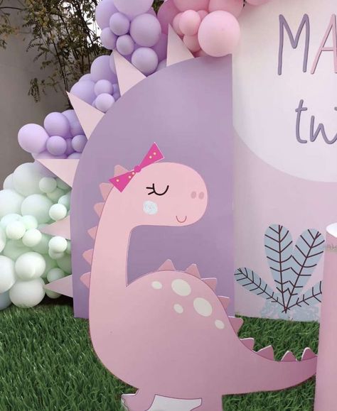 Cute Dino Decor, Purple Dinosaur Party, Pastel Dino Party, Girl Dinasour Birthday Party Ideas, Gender Reveal Dinosaur Theme, Girly Dinosaur Birthday Party, Girly Dinosaur Party Decorations, Pink Dino Party, Dinosaur Birthday Party For A Girl