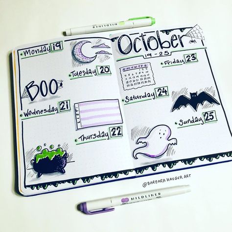 Barbara Haeger on Instagram: “More spooky stuff this week. . . . . . . #bujo #bulletjournal #bujobeauty #bulletdaily #planner_daily #notebook_profile #bujoideasrepost…” Halloween Bujo Weekly Spreads, Halloween Bujo Spreads, Halloween Bujo, Halloween Bullet Journal, Weekly Spread Bullet Journal, Bullet Journal Daily Spread, Bullet Journal Daily, Bujo Weekly Spread, Spooky Stuff